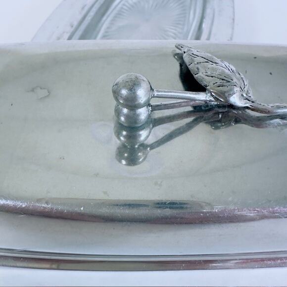 MCM Silver Plated Butter Dish w/Glass butter Tray Pewter Berry & Leaf Handle VTG - Picture 15 of 16